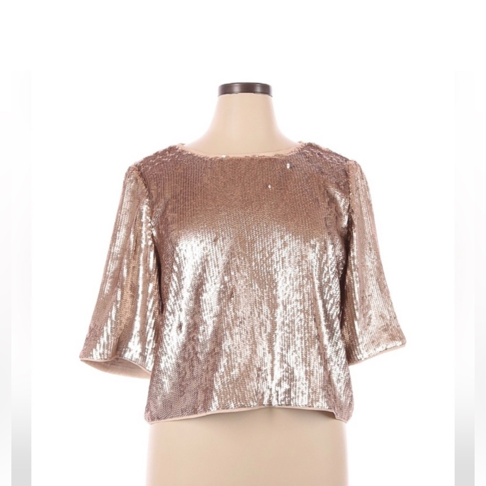 J.Crew Bianca Rose Gold Full Sequin Blouse 12 with gross grain black ties